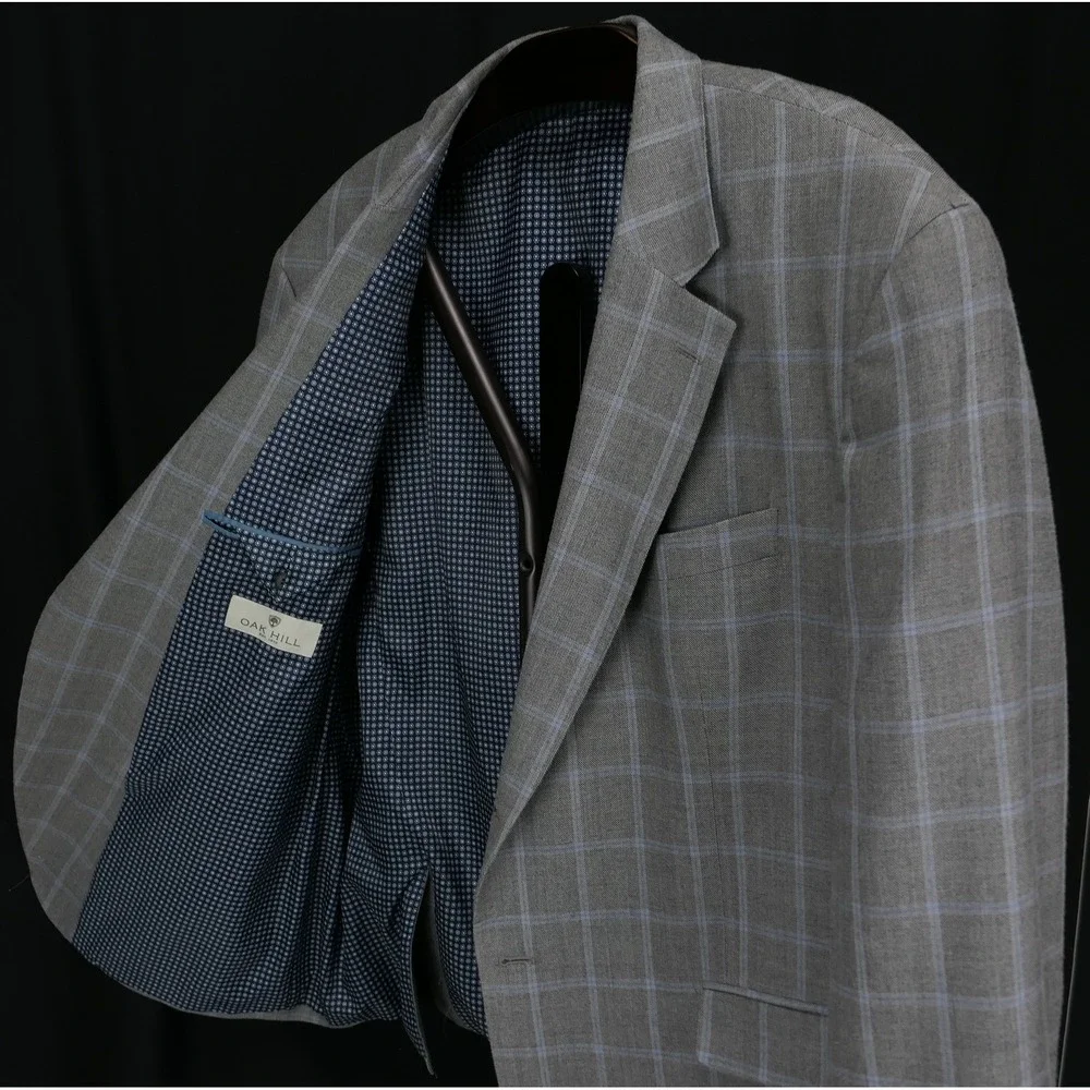 Oak Hill Sport Coat Silk‎ Wool Windowpane Blazer Mens 2XL 52R Grey Blue Check